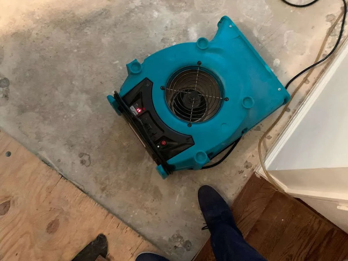 Air mover drying subfloor during Leak Detection & Repair in Rosemount
